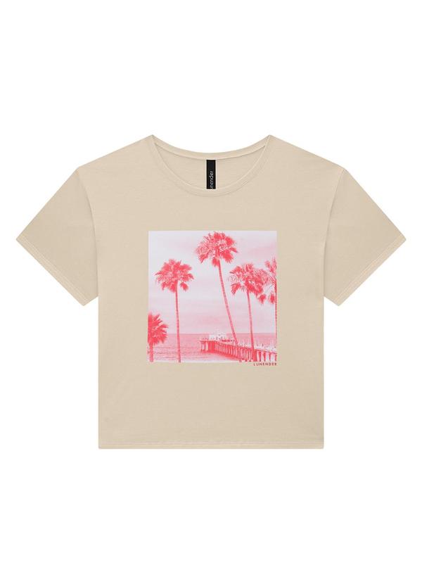 T-Shirt Cropped em Meia Malha Estampada Bege