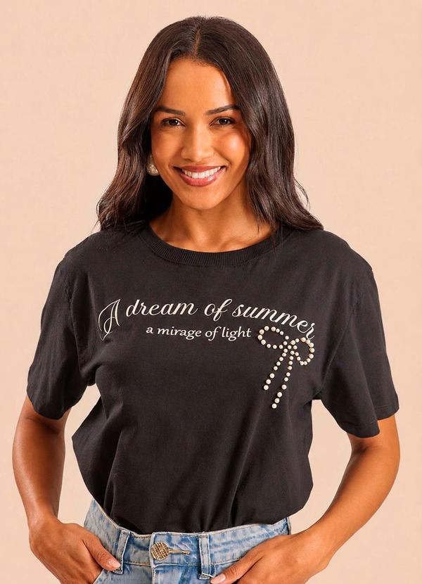 T-Shirt Manga Curta Ampla com Bordado Preto