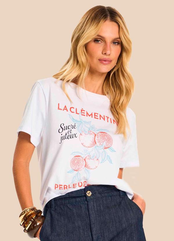 T-Shirt Manga Curta Meia Malha Estampada Branco