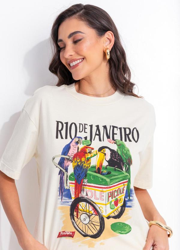 T-Shirt Média Pássaros com Picolé Bege