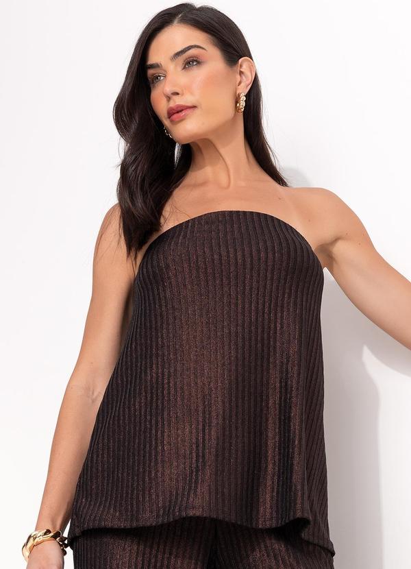 Vista 2 Blusa Marrom em Malha Canelada com Lurex Quintess Quintess
