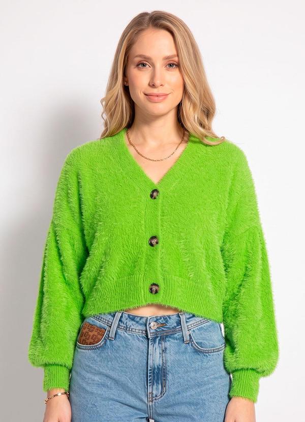 Vista 2 Cardigan Curto de Tricot Pelinho Verde FARM FARM