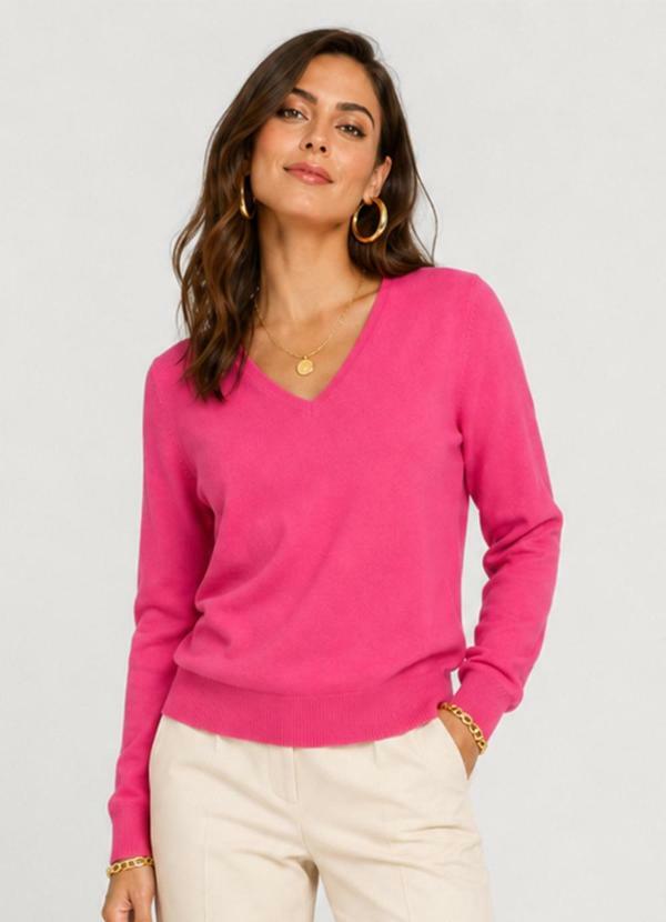Suéter Feminino Gola V em Tricot Rosa