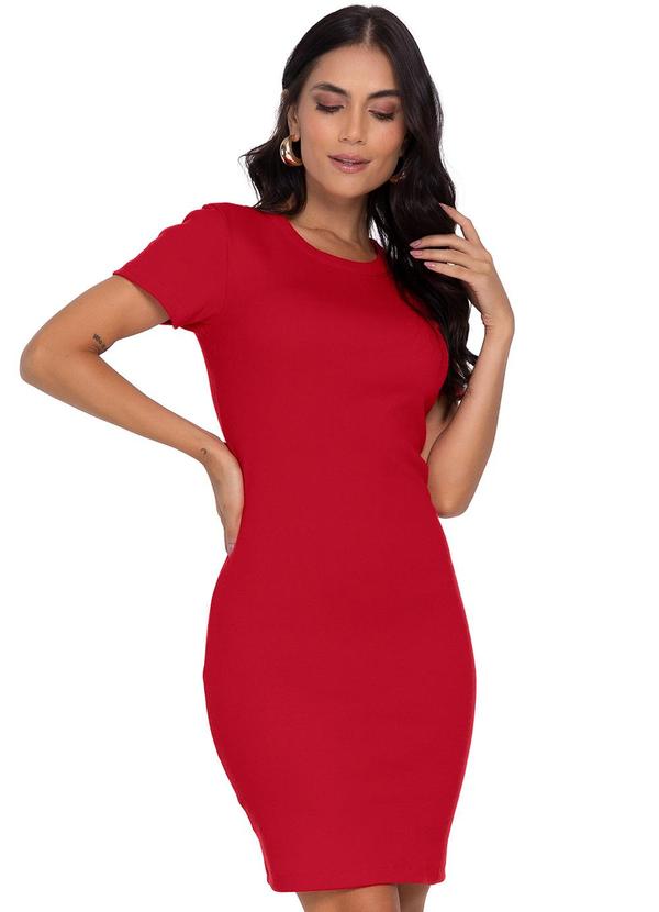 Vista 2 Vestido Acinturado em Ribana Canelada Vermelho Rovitex Rovitex