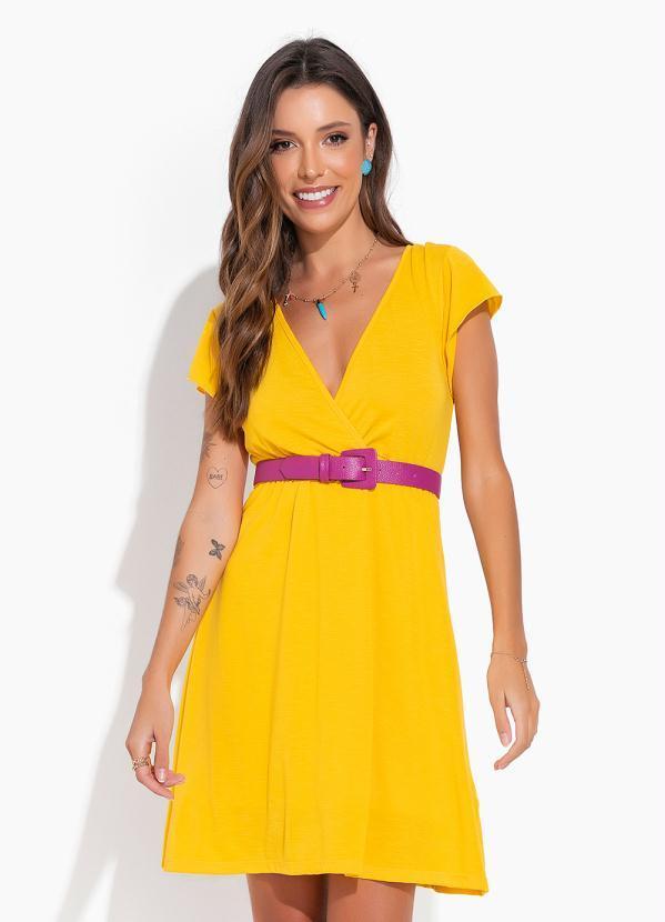 Vestido Amarela com Manga Curta e Amarração