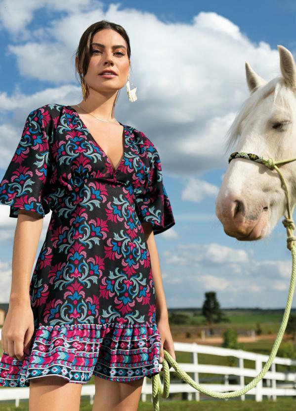 Vestido Arabesco Folk com Babado e Franzido