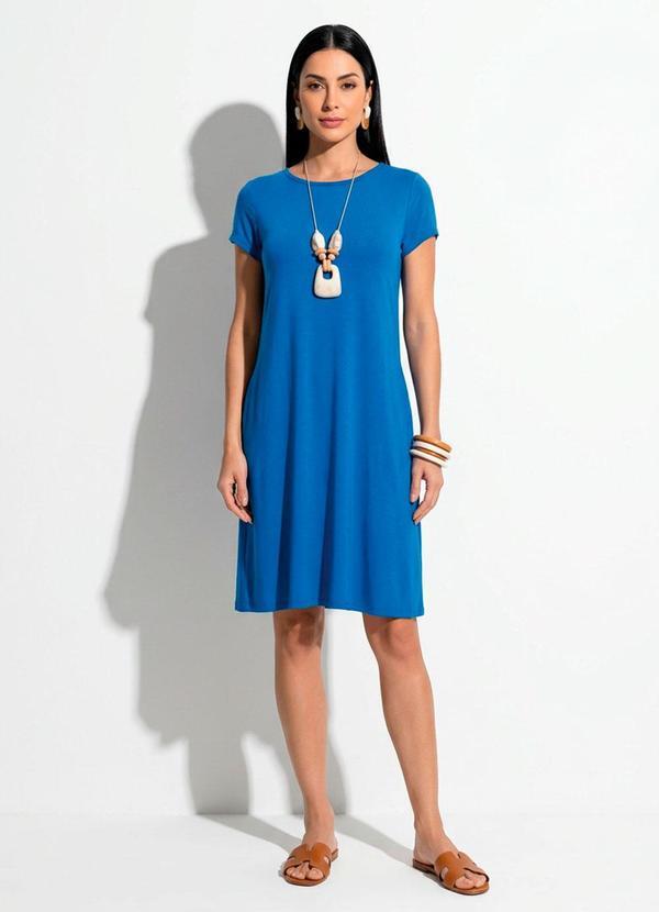 Vestido Azul com Bolsos e Mangas Curtas