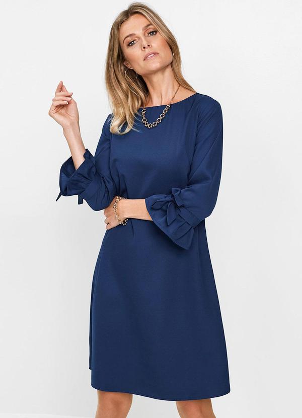 Vestido Azul Marinho em Viscose Plana Rajada