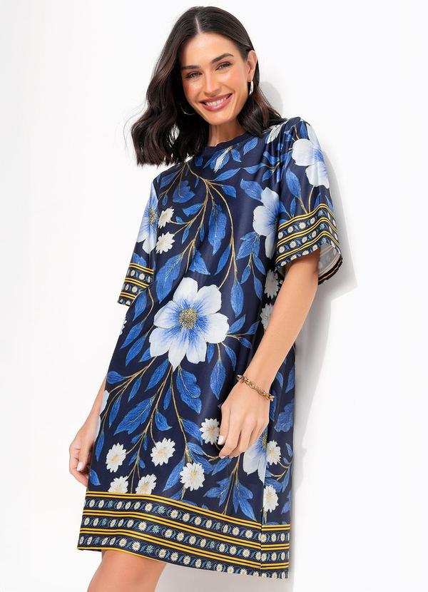 Vestido Barrado Floral Azul em Malha Fria