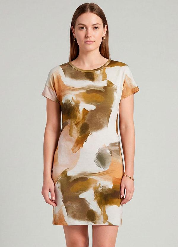 Vestido Básico com Gola Redonda Bege