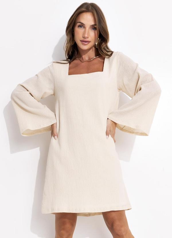 Vestido Curto Bege em Gaze de Algodão com Manga Ampla e Decote Quadrado
