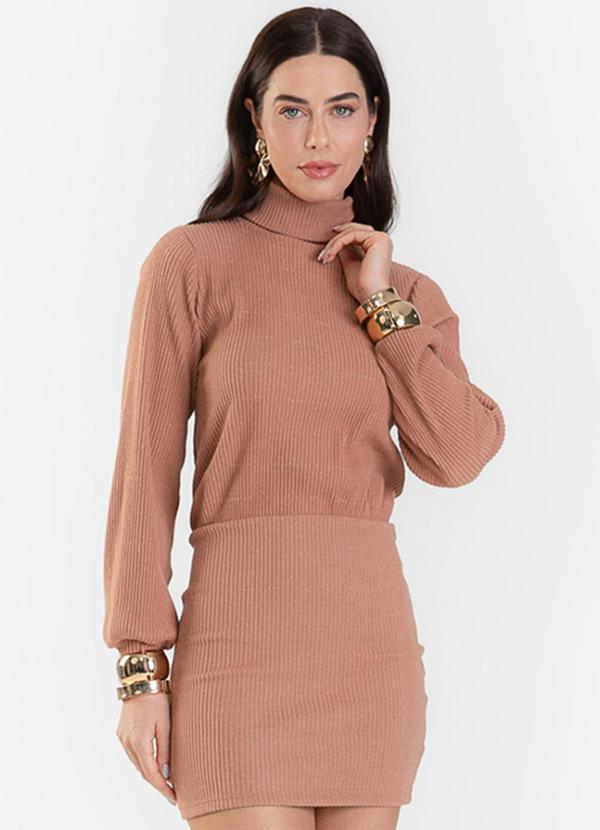 Vestido Canelado Manga Longa com Gola Nolita Rosa