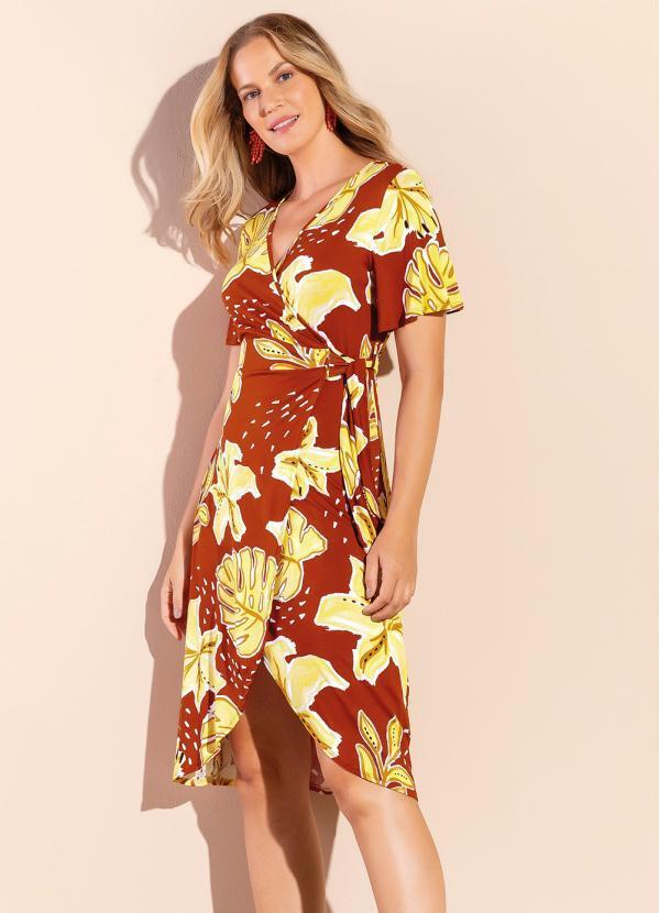 Vista 2 Vestido Casual Elegante Transpassado Laranja Marialícia Marialícia