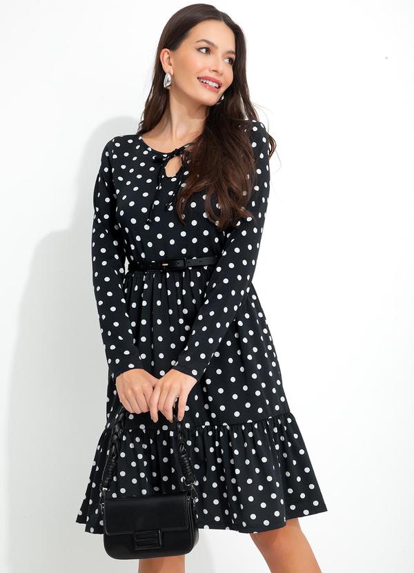Vestido com Amarração Manga Longa Poá Preto