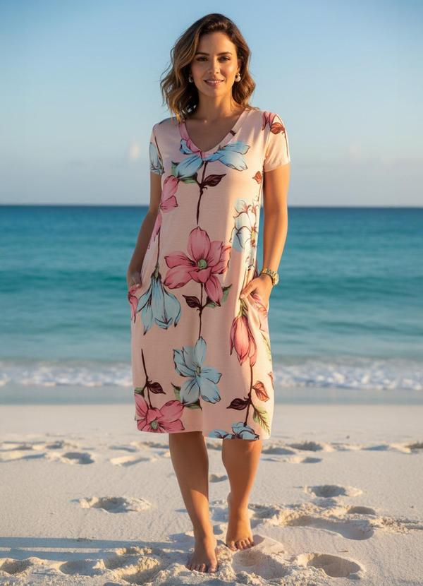 Vestido com Bolsos Floral Rosa com Mangas Curtas