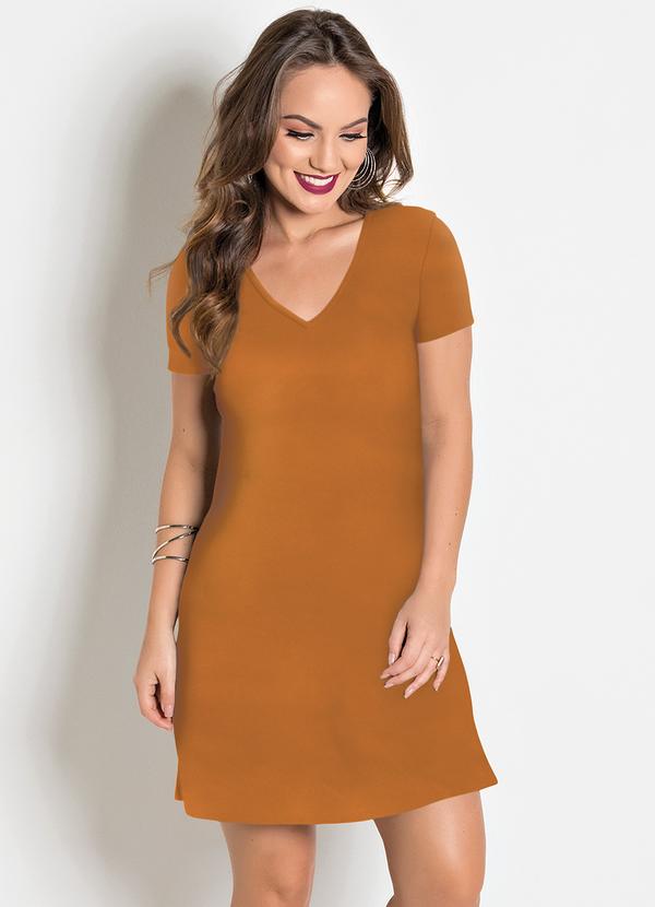 Vestido com Decote em V Caramelo