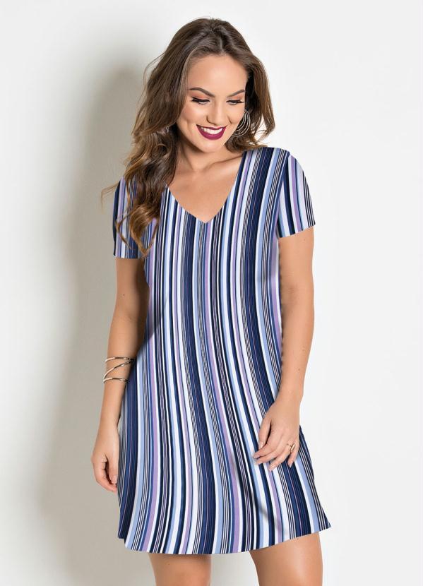 Vestido com Decote em V Listrado Azul
