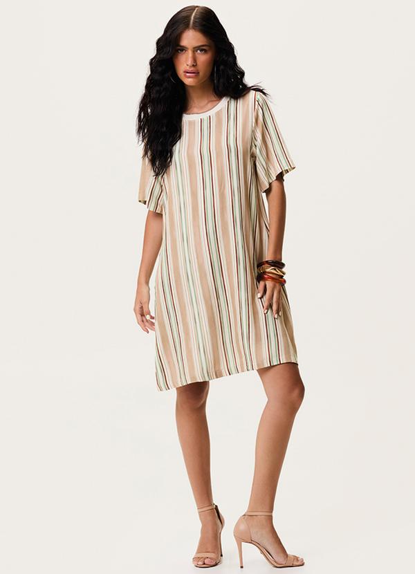 Vestido Curto Amplo Listrado Bege