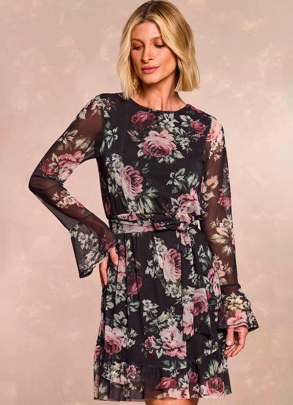 Vestido Curto Aquarela Rose em Tule Estampado