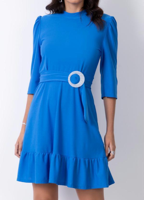 Vestido Curto Azul com Cinto e Mangas Bufantes
