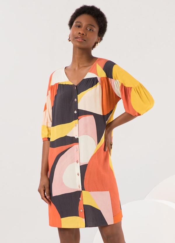 Vista 2 Vestido Curto com Mangas 3/4 e Botões Laranja Lunender Lunender