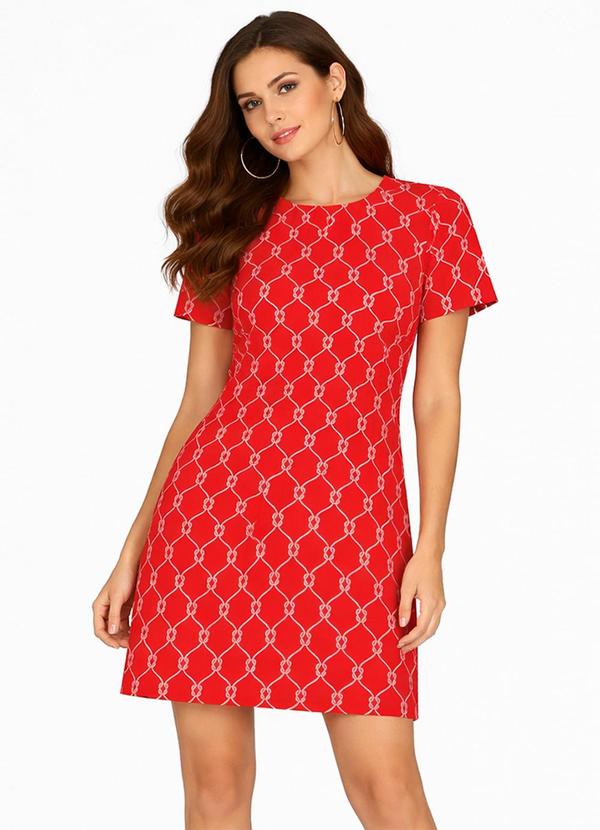 Vestido Curto com Pence Gola Redonda Vermelho