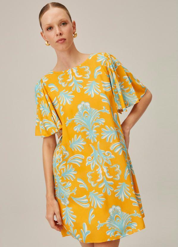 Vestido Curto de Viscose Estampado Amarelo