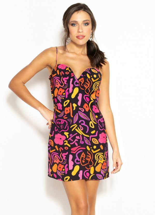 Vestido Curto de Viscose Estampado Preto