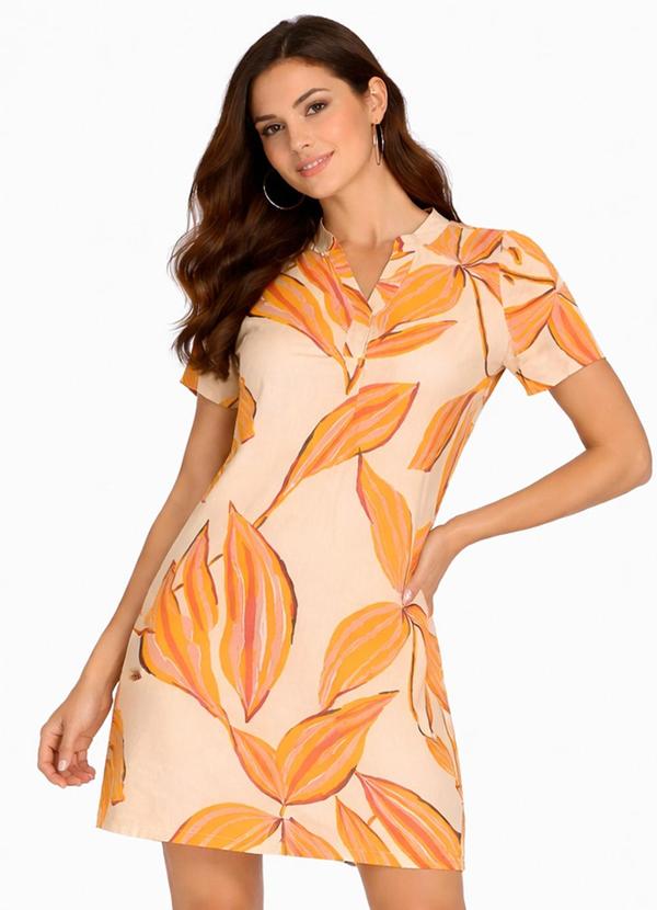 Vestido Curto Estampado com Peitilho Bege