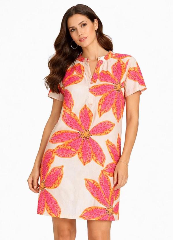 Vestido Curto Estampado com Peitilho Rosa