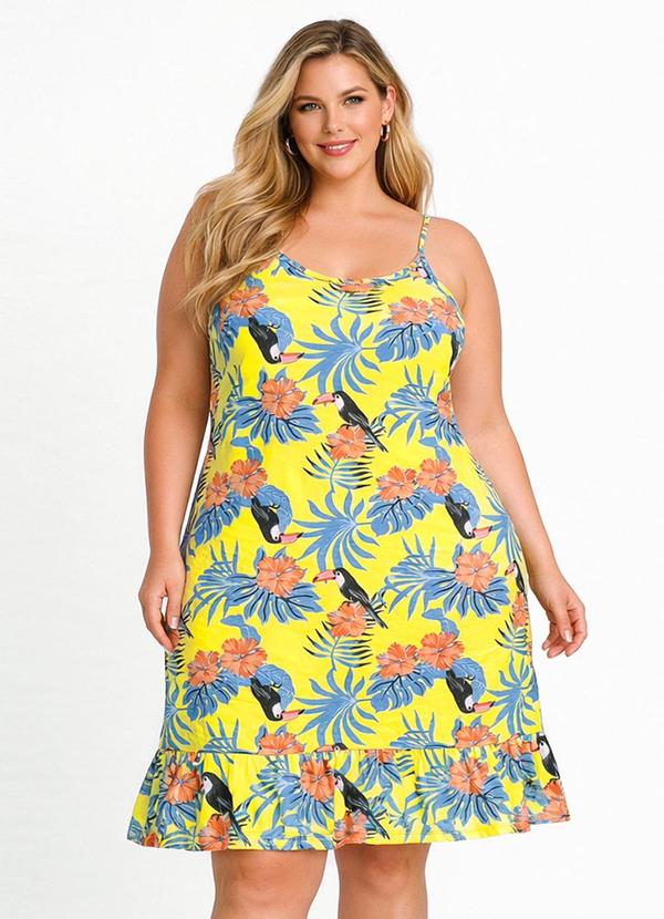 Vestido Curto Estampado Plus Size Amarelo