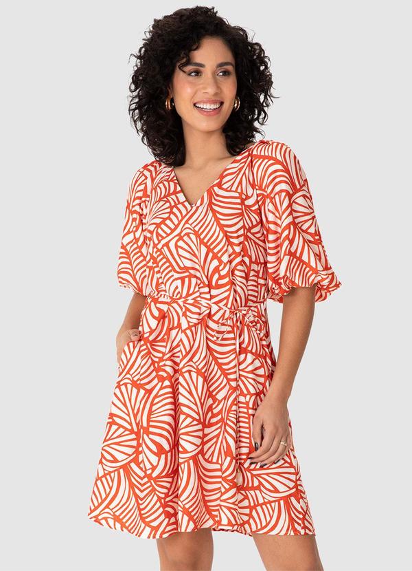 Vestido Curto Evasê Folhagens em Viscose Laranja