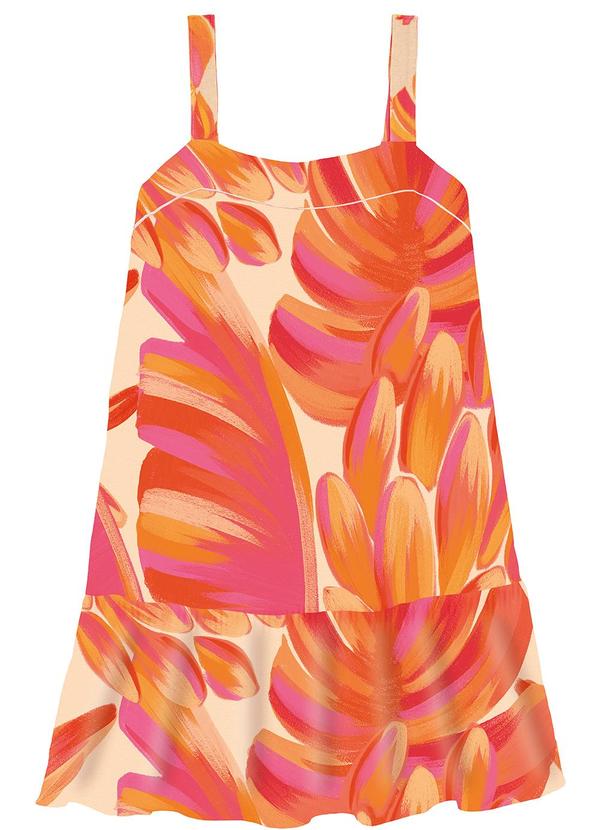 Vestido Curto Evasê Tropical com Babado Laranja