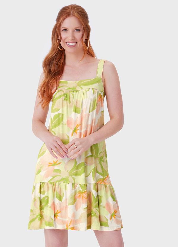 Vestido Curto Evasê Tropical com Babado Verde
