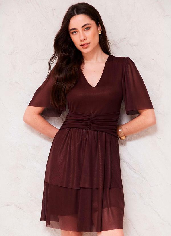Vestido Curto Evasê Tule Drapeado Sunset Marrom