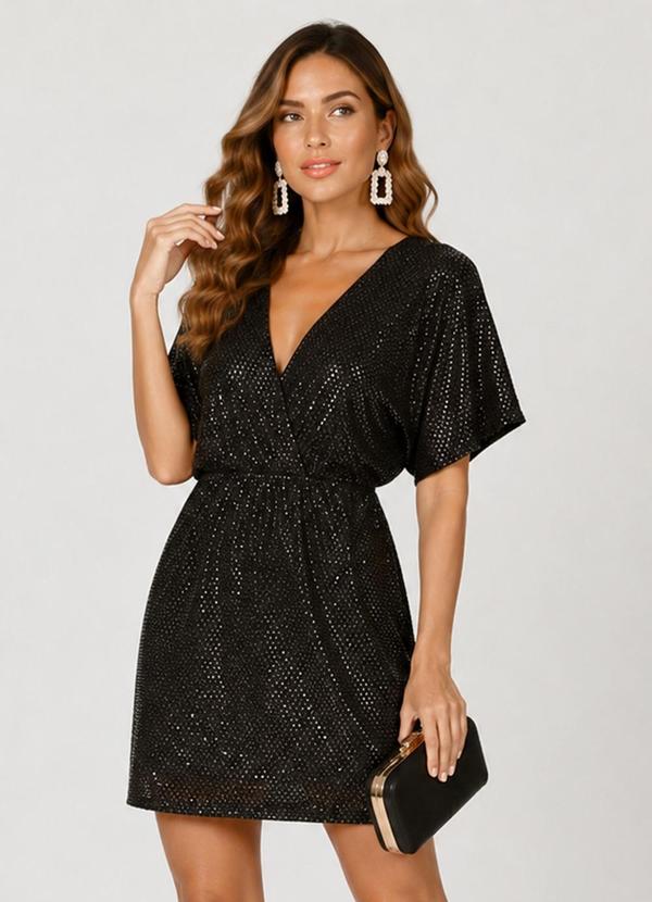 Vestido Curto Feminino em Malha Lantejoula Preto
