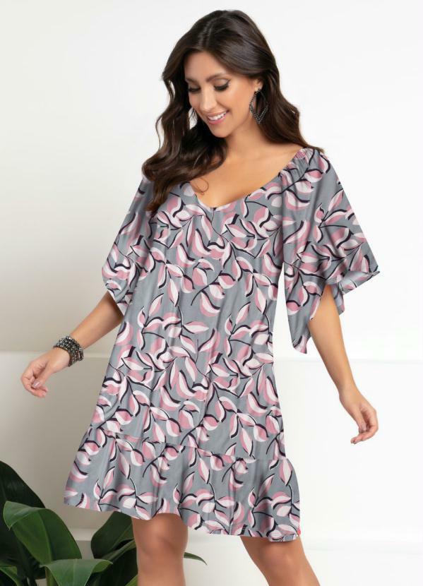 Vestido Curto Floral Cinza Mangas Amplas 3/4