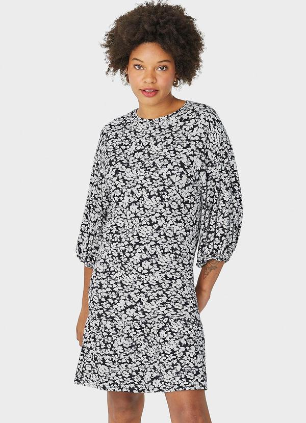 Vestido Curto Floral em Viscolinho Preto