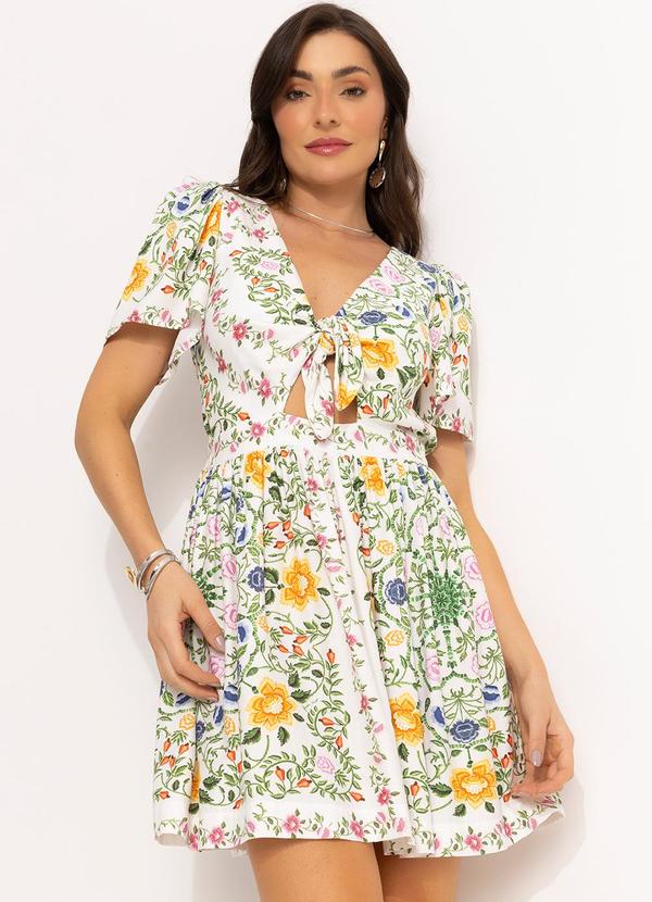 Vestido Curto Floral em Viscose Off White