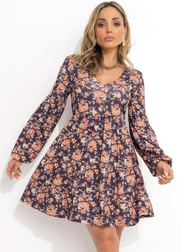 Vestido Curto Floral Preto com Franzidos