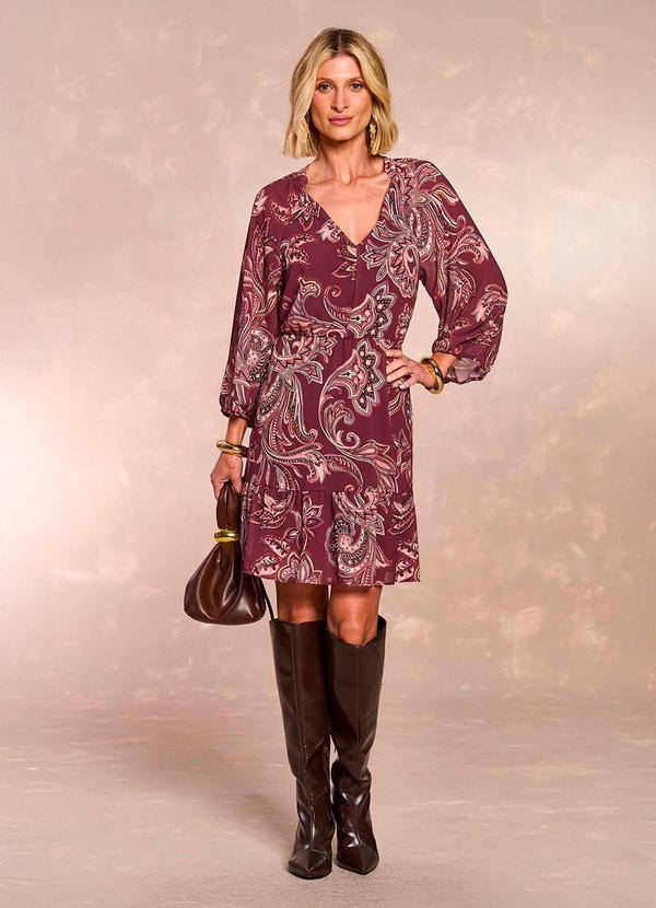 Vestido Curto Jardim Boho Mangas 3/4 Estampado