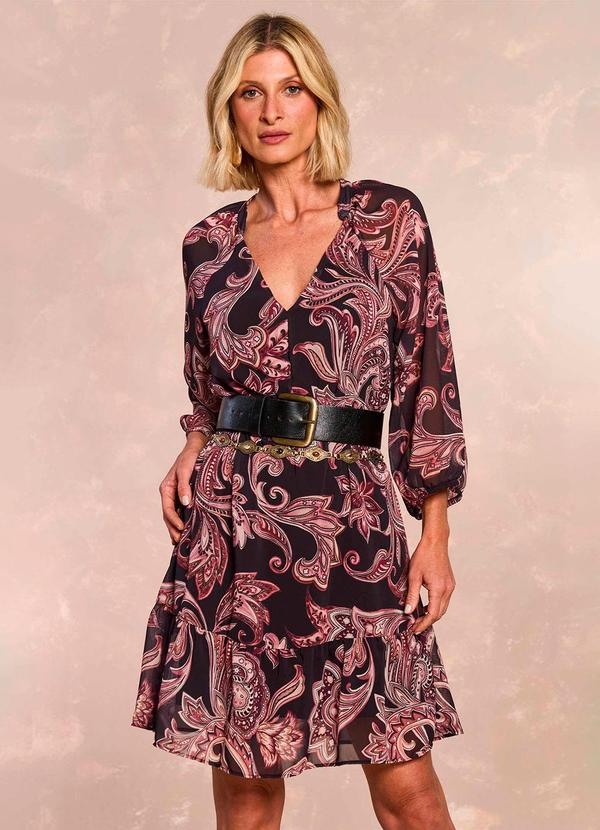 Vestido Curto Jardim Boho Mangas 3/4 Estampado