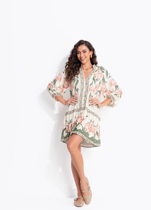Vestido Curto Manga Sonho de Tulipas Bege