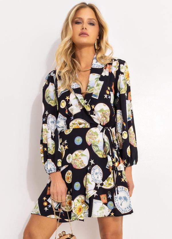 Vestido Curto Manga Souvenir Preto
