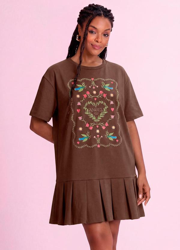 Vestido Curto Pássaros em Piquet Marrom