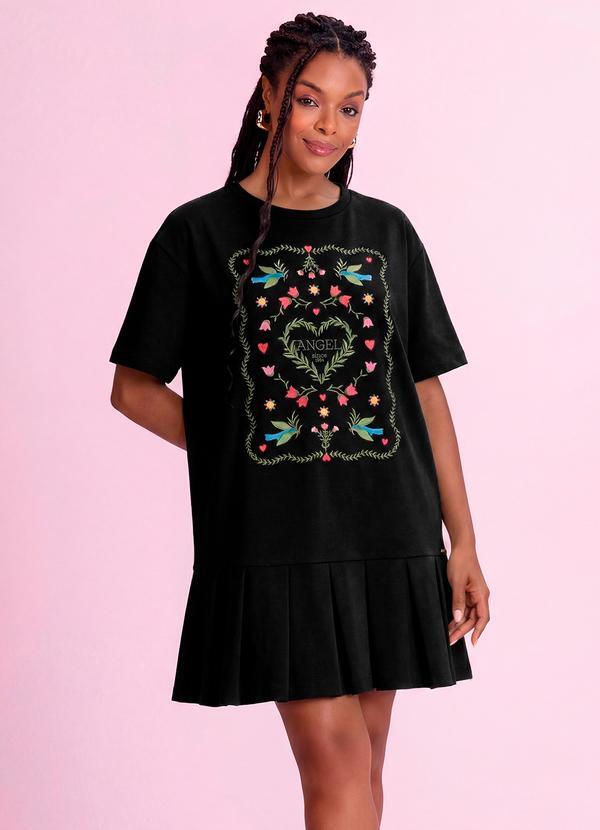 Vestido Curto Pássaros em Piquet Preto