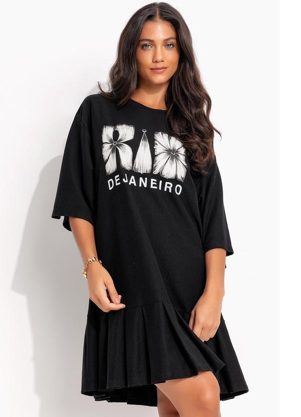 Vestido Curto Pregas Rio Flor Preto