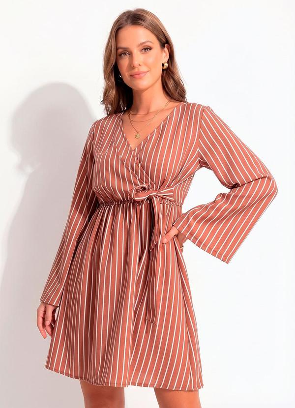 Vestido Listrado Marrom em Tecido Plano Maquinetado