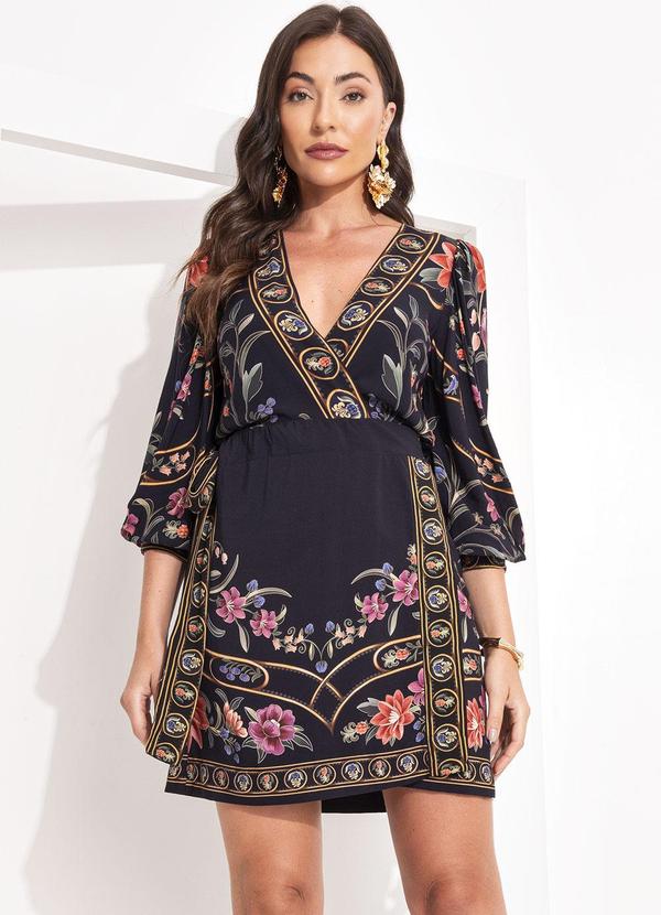Vestido Curto Transpasse Floral Belle Preto