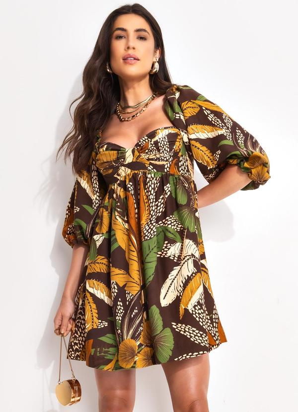Vestido Curto Viscolinho Floresta Sketch Marrom